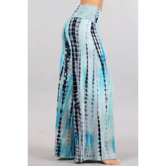 Aqua Blue Boho Tie Dye Foldover High Waist Wide Leg Palazzo Lounge Stretch Pants - Picture 4 of 6